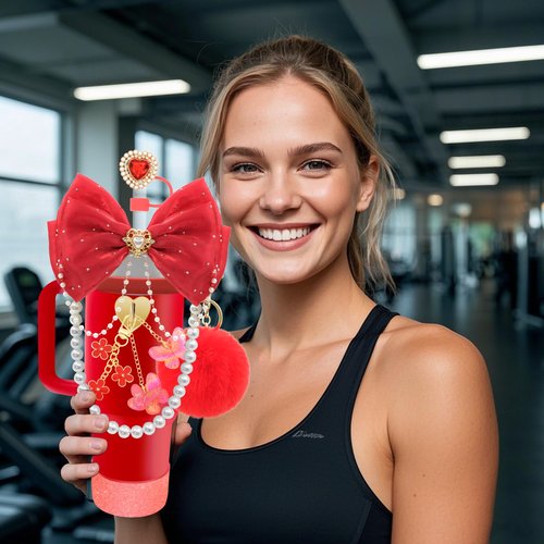 LBU Bling Stanley Cup Accessories for 40/30/20 oz Tumbler with Handle Including Glitter Bow Straw Topper, Heart Straw Cover, Water Bottle Handle Strap, Boot, Pom-Pom, Keychain Charms(Red)