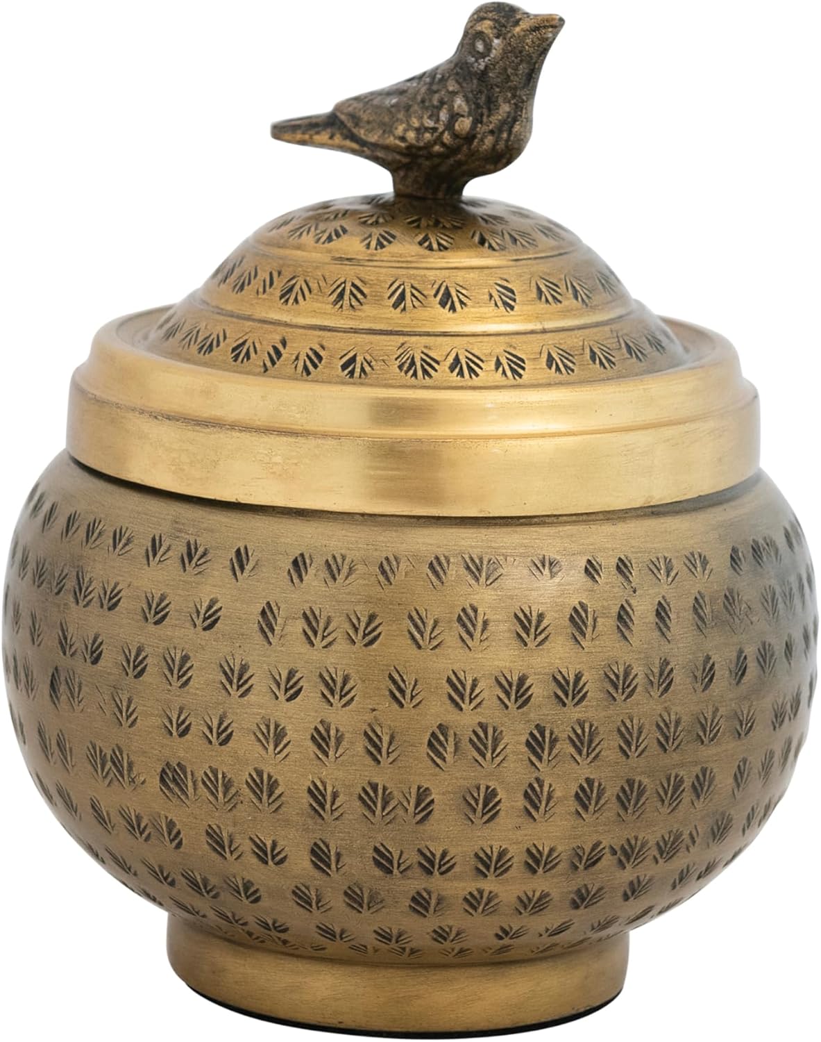 Round Hammered Metal Container - Elegant Bird Finial Design in Brass Finish