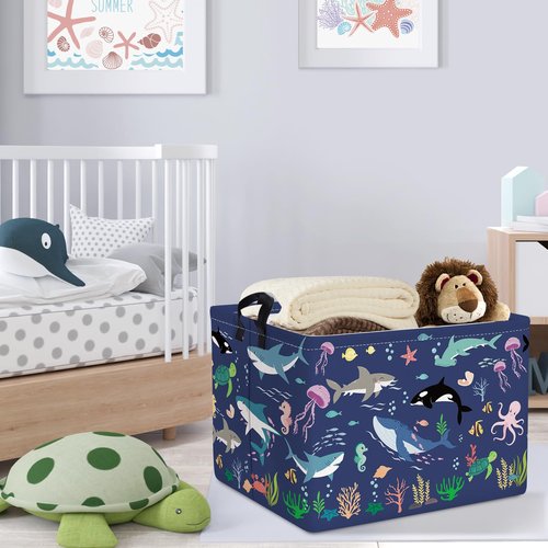 Clastyle Fish Sea Turtle Baby Basket Ocean Coral Seaweed Starfish Toy Book Shelf Basket Waterproof Pool Toy Beach Towel Storage Bin Large Dirty Clothes Laundry Hamper, Whales, 40*30*30 cm