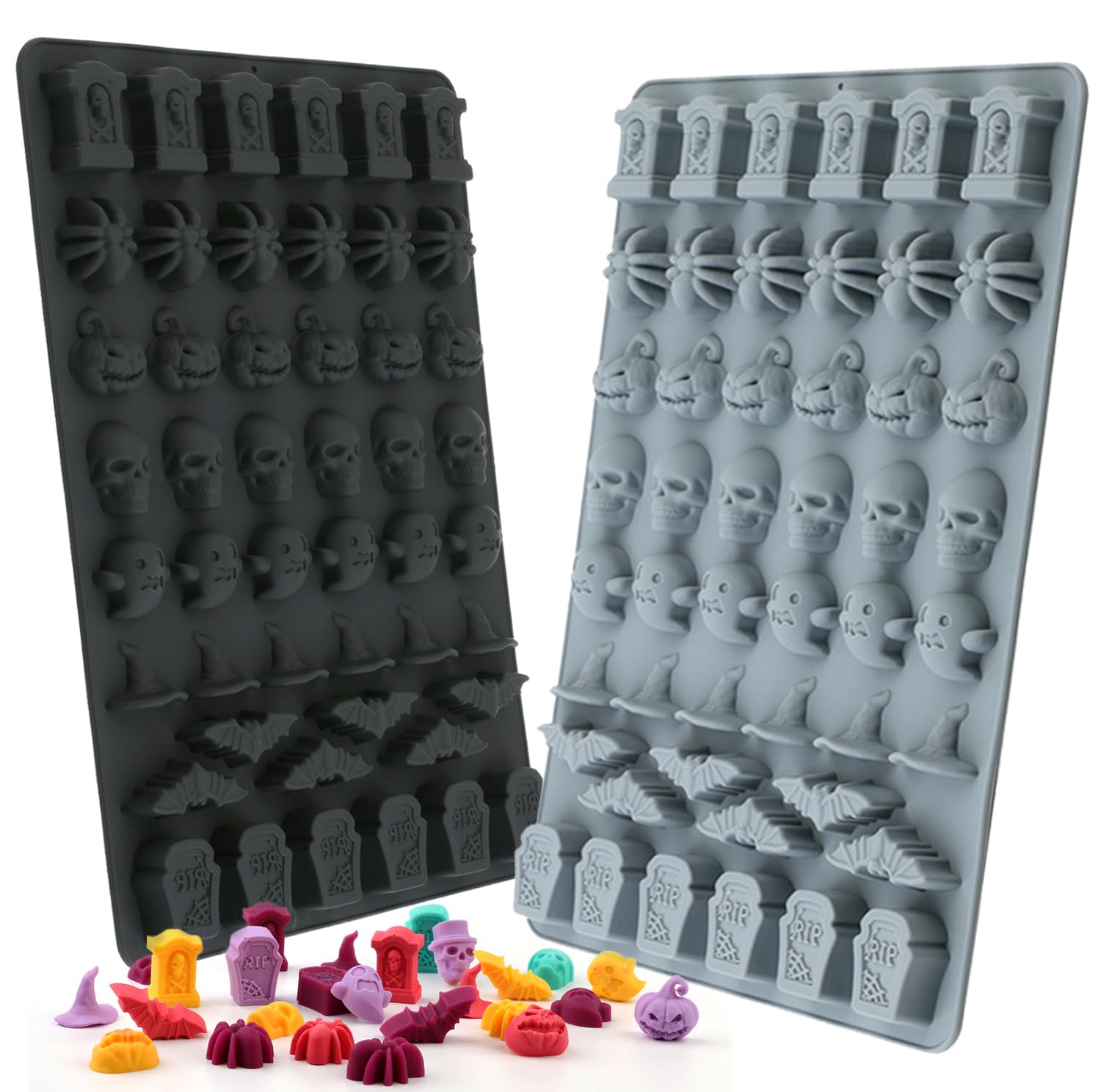 (2 Pack) Silicone Halloween Molds, 96-Cavity Pumpkin Ghost Wizard Hat Bat Spider Tombstone Skull Halloween Silicone Gummy Molds For Chocolate, Fondant, Cupcake Decoration, Biscut - Black&Gray