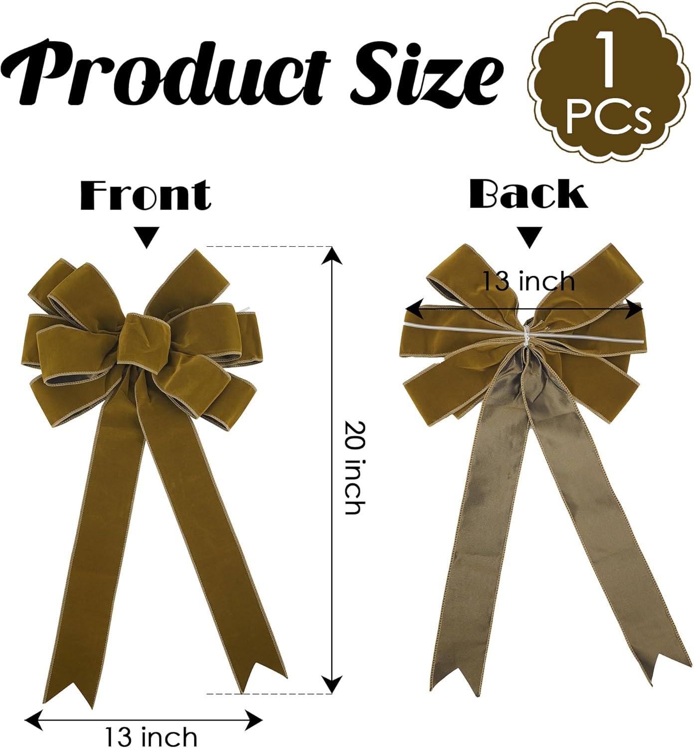 Skiennix 13-Inch Khaki Velvet Bow - Pre-Tied Rustic Decoration for Christmas Trees & Wreaths