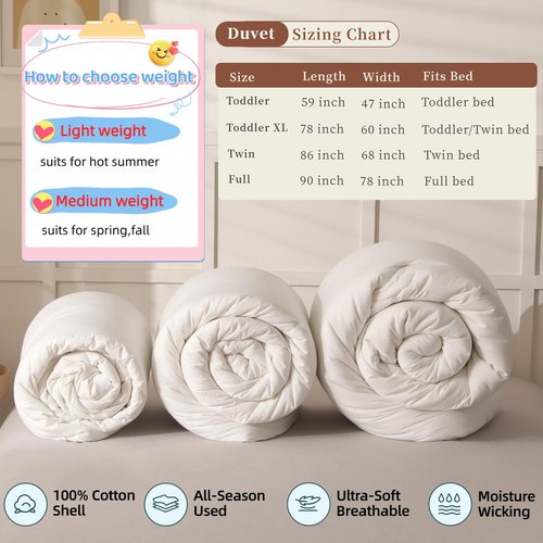 BuLuTu Cotton Microfiber Down Alternative Comforter White, Toddler Size Duvet Insert, Soft Fluffy Bedding Comforter for Kids Boys Girls, 47x59 Inch, Light Weight Comforter, 1.2 Pounds