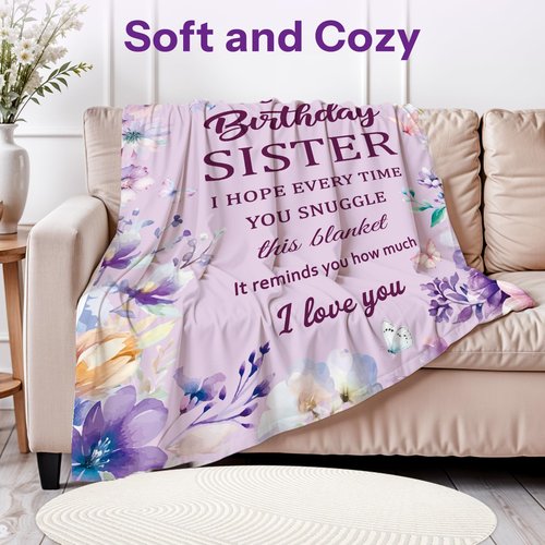 Happy Birthday Sister Blanket, Sister Birthday Gifts, Happy Birthdays Gifts for Sisters, Birthdays Present for Sisters, Soft Flannel Throw Blanket, Purple, 50"X60"