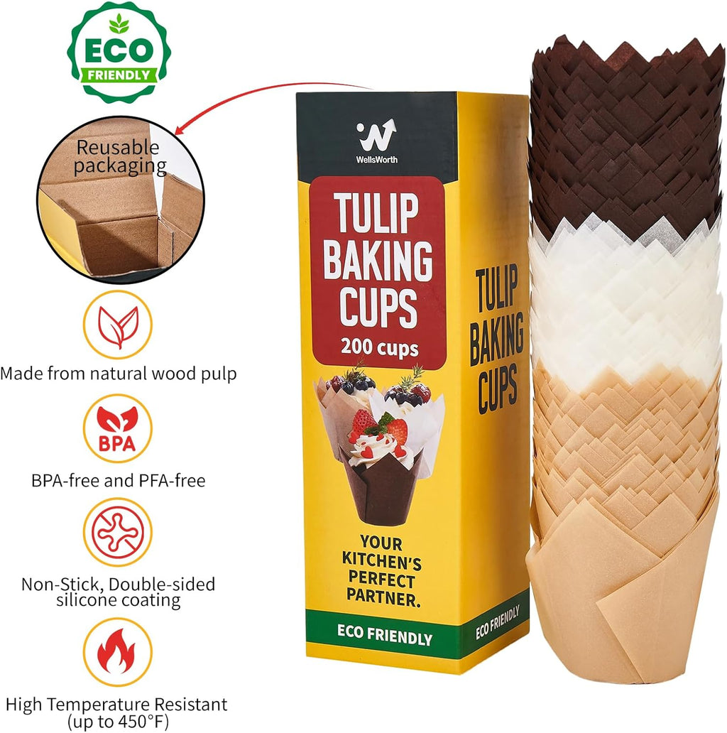 Skiennix Tulip Cupcake Liners - 200PCS Unbleached Food Grade Greaseproof Muffin Wrappers for Baking & Parties