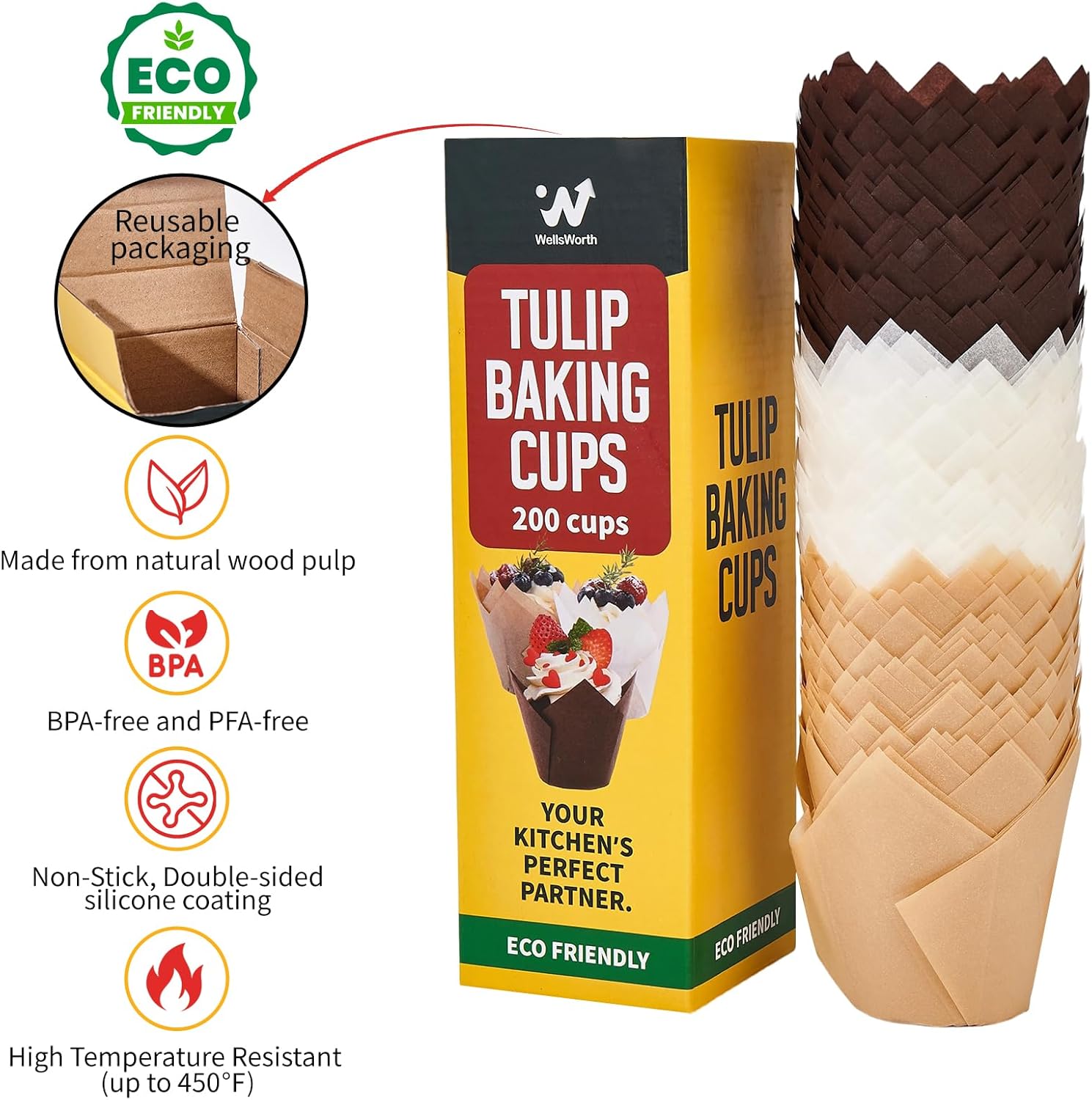 Skiennix Tulip Cupcake Liners - 200PCS Unbleached Food Grade Greaseproof Muffin Wrappers for Baking & Parties