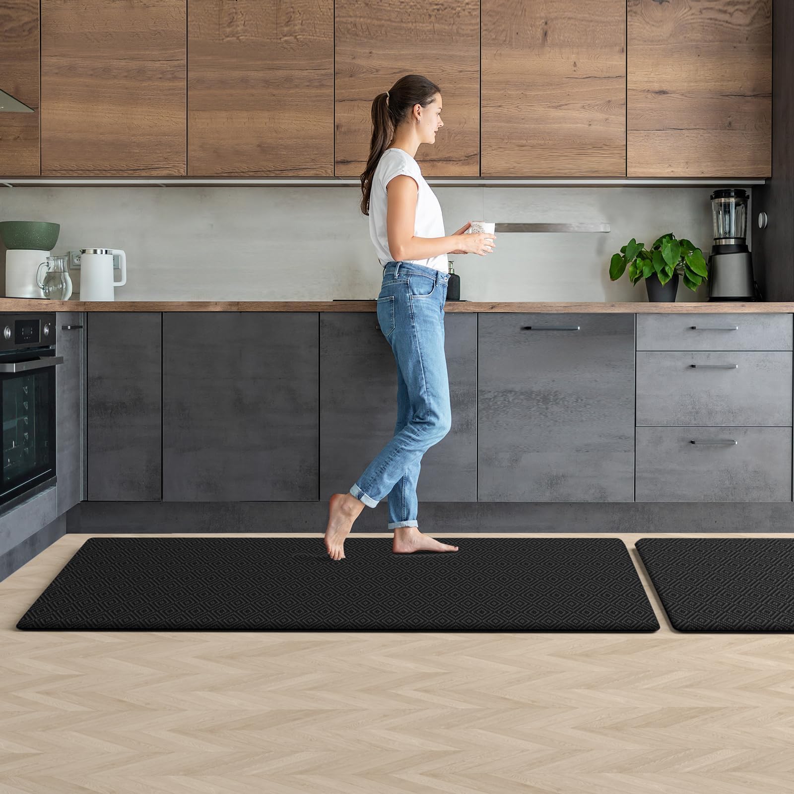Mattitude Kitchen Mat 2PCS Kitchen Rugs Cushioned Anti-Fatigue Rug Waterproof Standing Desk Mat Kitchen Mats for Floor Kitchen Rug Set for Kitchen, Sink, Office 17.3"×30"+17.3"×59"-0.47inch Black