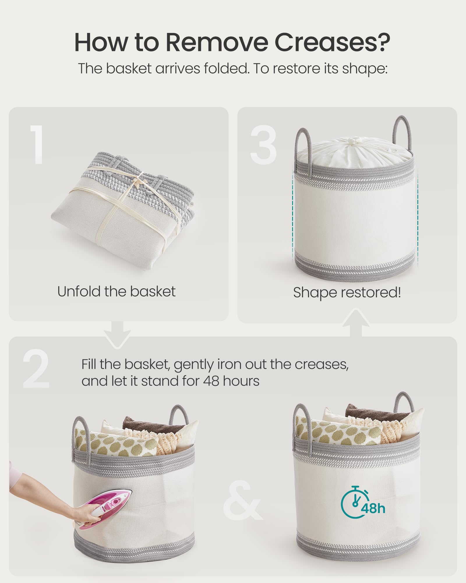 SONGMICS Laundry Hamper, Cotton Rope Laundry Basket with Handles, for Clothing, Living Room, Bedroom, 23.8 Gallons, 19.7 x 19.7 x 18.1 Inches, Cloud White and Dove Gray URLH090G01