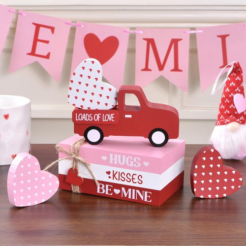 Valentine’s Day Decoration for Home, 7PCs Wooden Decorative Book Stack Set with Truck & Hearts, Rustic Valentines Table Centerpiece, Pink Red White Tiered Tray Decor for Shelf Office (red pink white)