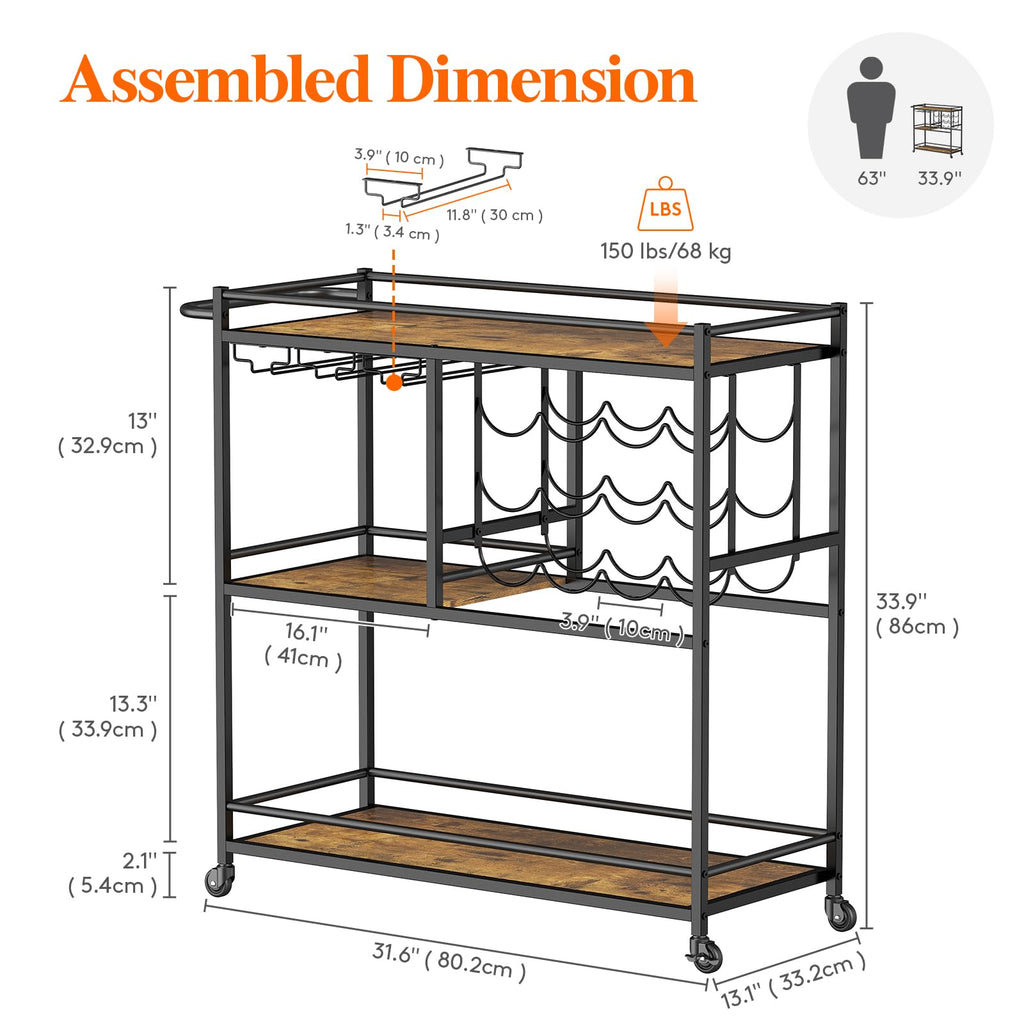 Lifewit Bar Cart for The Home, 3 Tier Drink Cart with Lockable Wheels, 12 Wine Rack and 3 Rows Glass Holders, Liquor Serving Cart for Livingroom, 80 x 33.2 x 86 cm/31.6 x 13.1 x 33.9 inch Rustic Brown