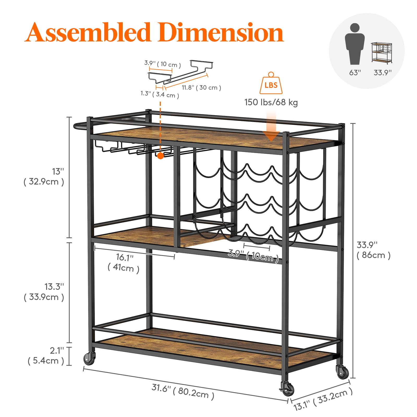 Lifewit Bar Cart for The Home, 3 Tier Drink Cart with Lockable Wheels, 12 Wine Rack and 3 Rows Glass Holders, Liquor Serving Cart for Livingroom, 80 x 33.2 x 86 cm/31.6 x 13.1 x 33.9 inch Rustic Brown