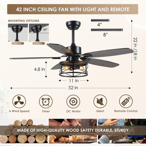 Dannilong Farmhouse Ceiling Fan with Light and Remote 52" Rustic Flush Mount Ceiling Fans 5 Dual Finish Blades Carnegie Industrial Fandelier for Living room Bedroom Patio E26
