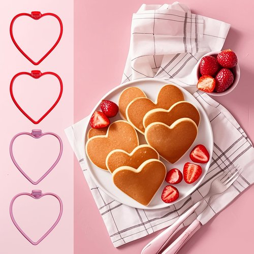 Heart Silicone Pancake Molds, 4 Pack Silicone Pancake Molds for Heart Shape Pancakes, Pancake Maker Mould Egg Rings for Griddle - Pink & Red