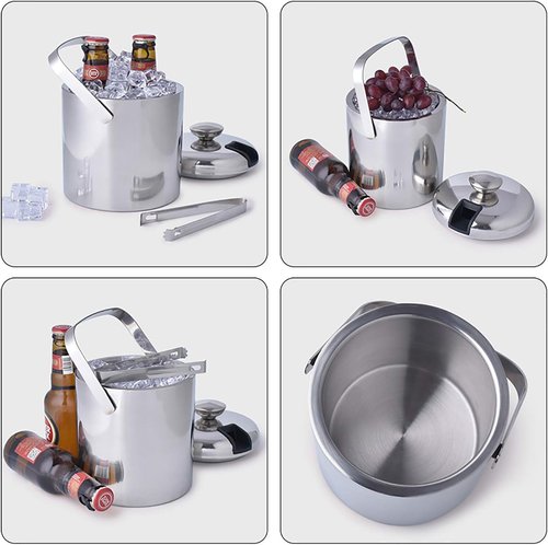 1.3L Stainless Steel Ice Bucket - Double Wall Insulated w/Lid & Scoop, Keeps Ice Cold for Hours (Perfect for Wine, Champagne, Cocktails)