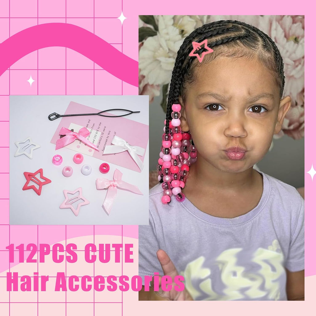 Skiennix Pink Hair Beads for Braids - 112PCS Non-Slip Acrylic Hair Jewelry | Cute Accessories for Girls