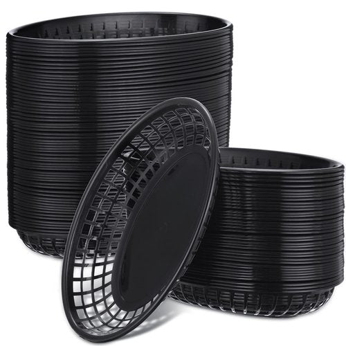 Potchen 100 Pcs Fast Food Baskets 8.9 x 5.5 Inch Plastic Baskets for Food Black Chip Tray Reusable Bread Fry Oval Serving Tray for Restaurant Supplies Hot Dog Deli Serving Chicken