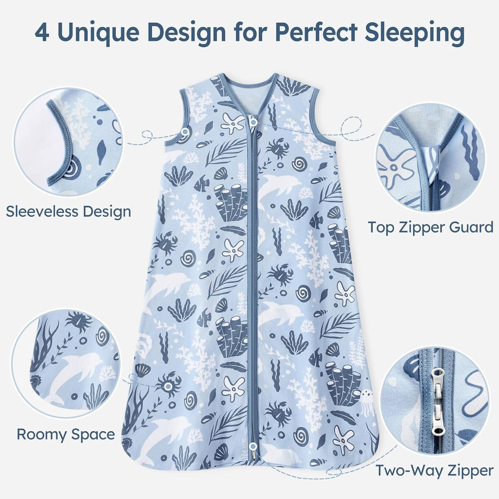 Unnivoll Baby Sleep Sack - 100% Cotton Lightweight 0.5 TOG Wearable Blanket for Infants | Blue Dolphin, 0-6 Months