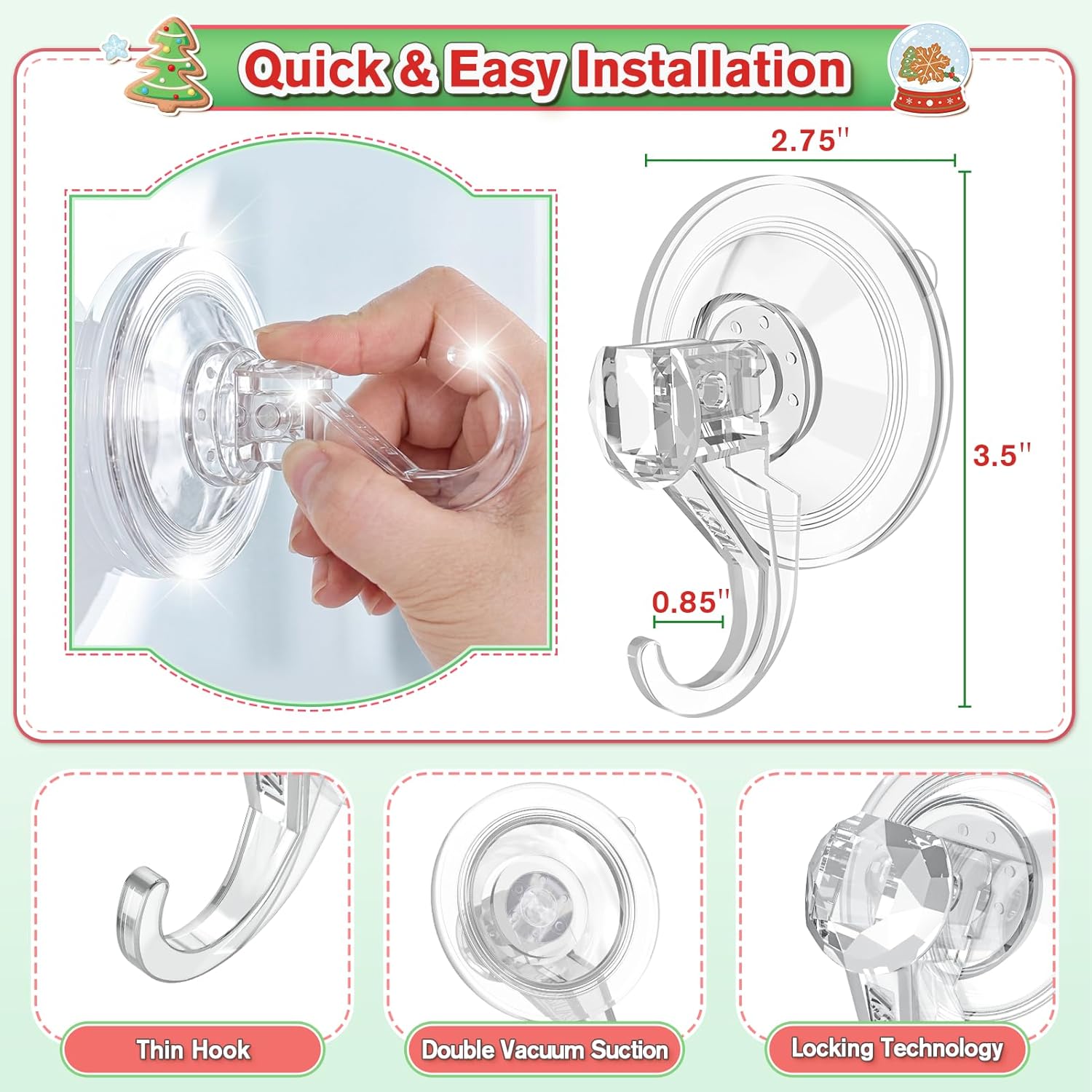 VIS'V Wreath Hanger - Heavy Duty Suction Cup Hooks | 22 LB Capacity, Clear, 2 Pack, Removable & Reusable