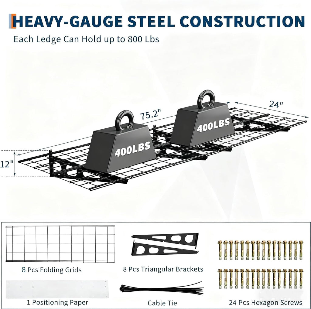 Skiennix Heavy Duty Wall Shelves - 2 Pack 2x6 FT Adjustable Garage Storage | 1600 LBS Capacity, Black