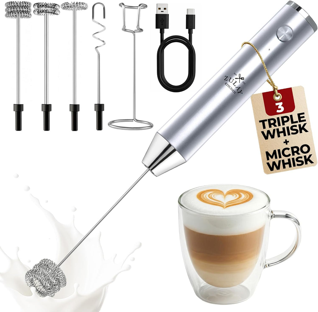 Zulay Kitchen Rechargeable Milk Frother Handheld - Lux 4 Whisks, Powerful 2-Speed Motor, Waterproof, 2000mAh Battery - Drink Mixer for Latte, Cappuccino, Matcha & Protein Powder - Silver