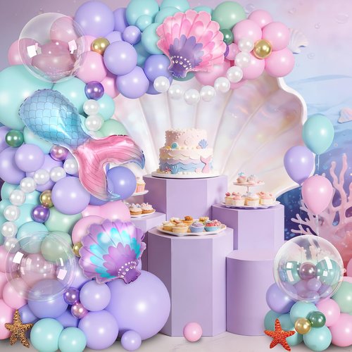 Mermaid Balloon Garland Arch Kit, 142Pcs Pastel Pink Teal Blue Purple Green Clear Balloons Mermaid Tail Seashell Foil Balloon Fringe Curtain for Birthday Baby Shower Ocean Themed Summer Party Decor