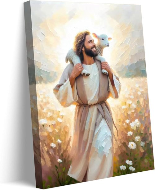 GKQNMU Jesus Carrying The Lamb Canvas Wall Art - Christ The Good Shepherd Decor | Ready To Hang for Living Room & Bedroom