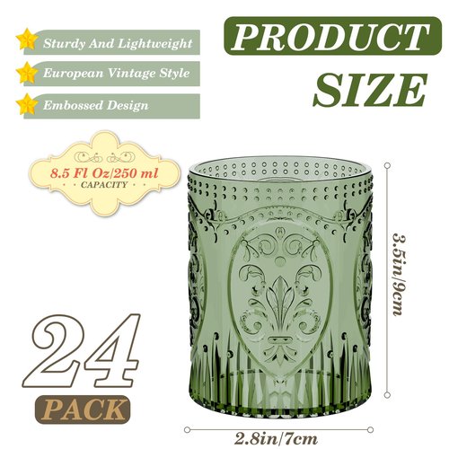 Qinyoung 24 Plastic Vintage Drinking Glasses 8.5oz Stemless Retro Embossed Wine Glasses Shatterproof Reusable Cups for Baby Shower Wedding Reception Grand Event Party (Dark Green)