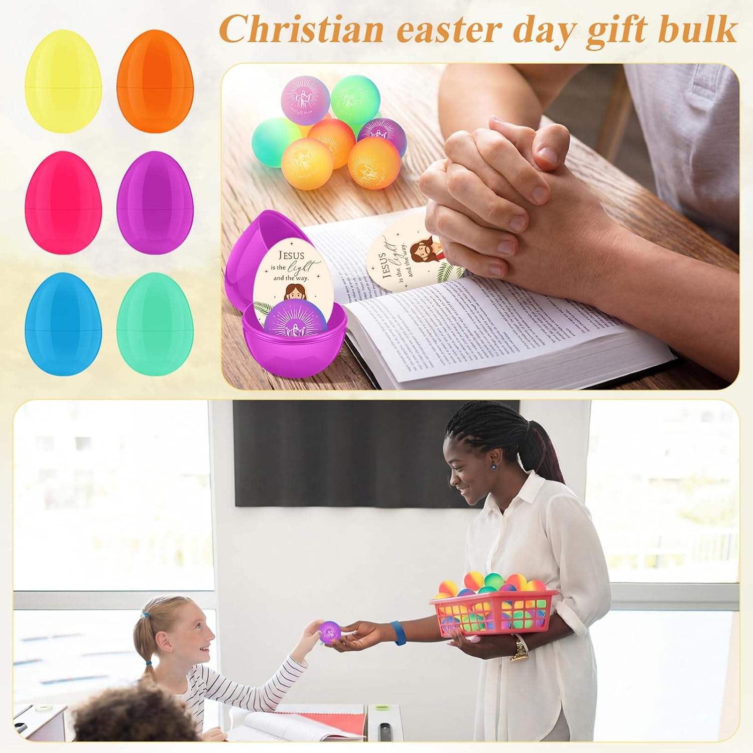 Wettarn 36-Piece Christian Easter Egg Set - Jesus Is the Light Bouncy Balls & Cards for Basket Stuffers