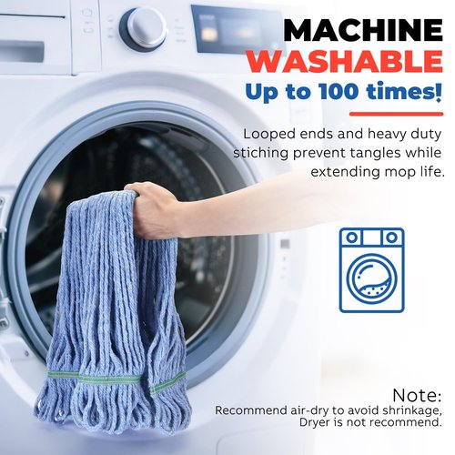 Onesimus Mop Head Replacement, Commercial Heavy Duty 16 oz 4-Ply Cotton Looped End Wet Mop Heads, Blue, with 1.25" Universal Headband for Industrial, Janitorial and Restaurant Cleaning, 3 Pack