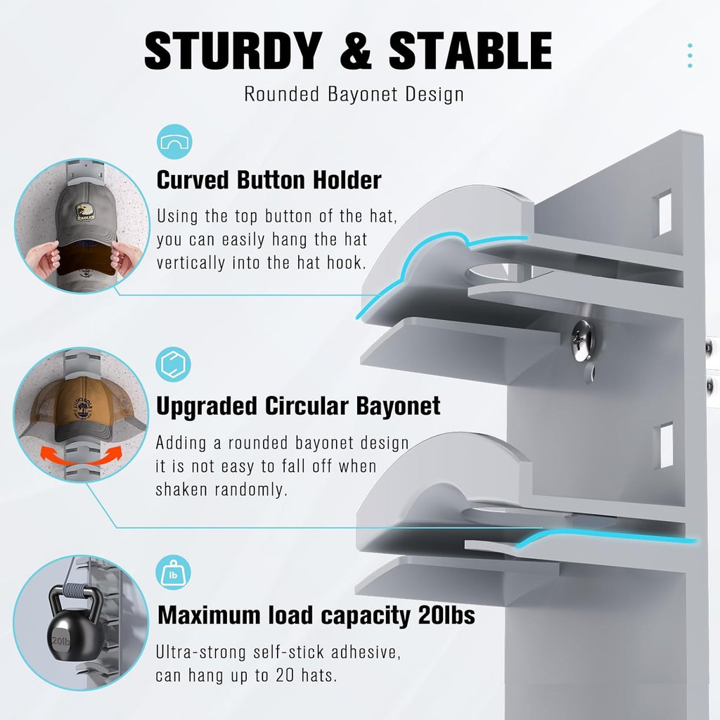 Skiennix Hat Organizer - Wall-Mounted Rack for 20 Baseball Caps | Strong Adhesive & Multi-Use Design (Grey)