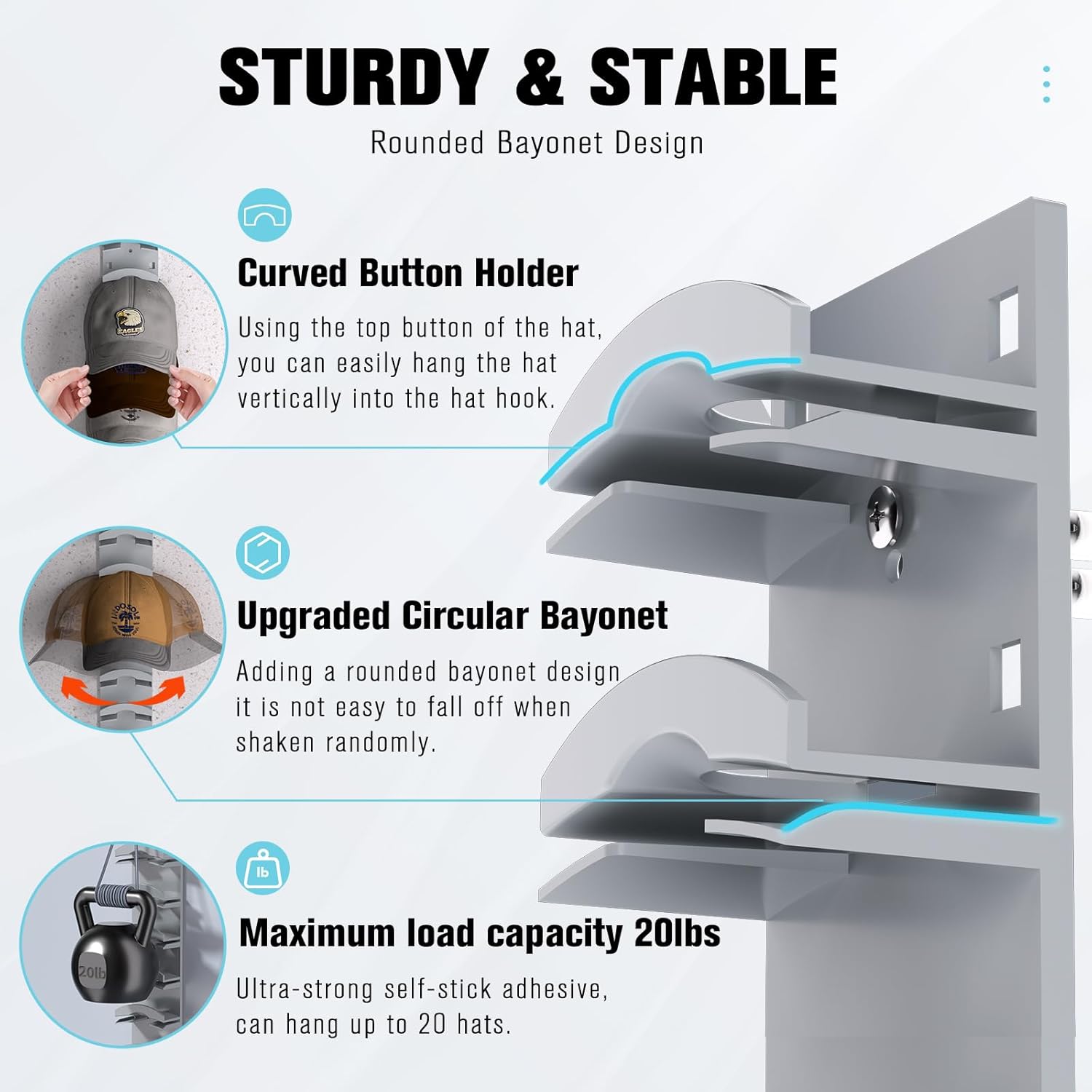 Skiennix Hat Organizer - Wall-Mounted Rack for 20 Baseball Caps | Strong Adhesive & Multi-Use Design (Grey)