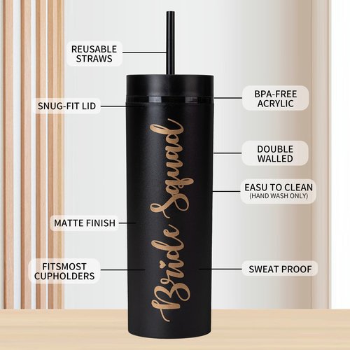 10 Pack Skinny Tumbler | 16 oz Bride & Squad Tumblers | Bachelorette Party Cups | Engagement Wedding Gifts Bridesmaids Mugs Bachelorette Party Supplies & Games (Black)