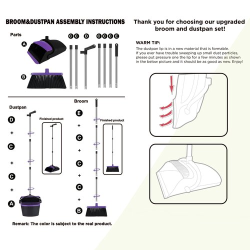 Broom and Dustpan Set, Upright Purple Broom with Dustpan Combo Set 51" Long Handle, Self Cleaning Dust Pan for Home, Kitchen and Office