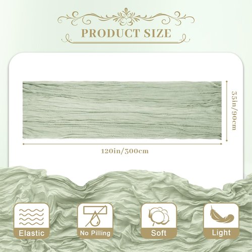 Le courant 12pcs 10Ft Cheesecloth Table Runner, Rustic Boho Gauze Cheese Cloth Runner Table Runner for Weddings Bridal Baby Shower Birthday Holiday Parties Home Decor, Sage Green