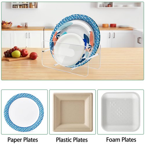 Beitiny Paper Plate Dispenser, Acrylic Plastic Plate Holders, 7-12 Inch Disposable Plates Storage Organizer Rack for Cabinet, Countertop, Counter, Kitchen, 1 Pack