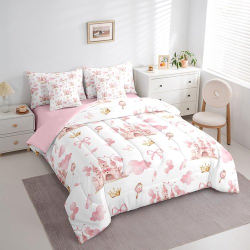 Feelyou Kids Pink Castle Bed in A Bag Queen Size, Cute Bowknot Comforter Set with Sheets Boys Girls Girls Dreamy House Bed in A Bag 7 Pieces Fairytale Teens Bedroom Decor 7Pcs