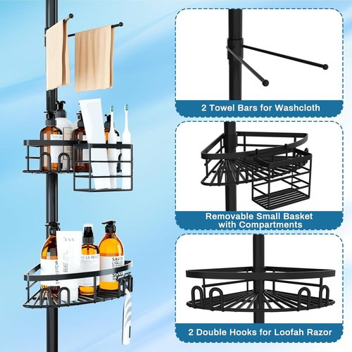 Cutefafa Rustproof Corner Shower Caddy - Height Adjustable Tension Pole with 4 Large Baskets | 23.6 to 114.5 Inch