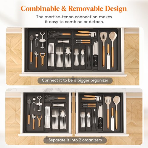 Lifewit Silverware Drawer Organizer, Expandable BPA Free Plastic Utensil Tray for Kitchen, Adjustable Flatware Cutlery Holder for Spoons Forks Knives, 21.3- 36 x 16.9", Black