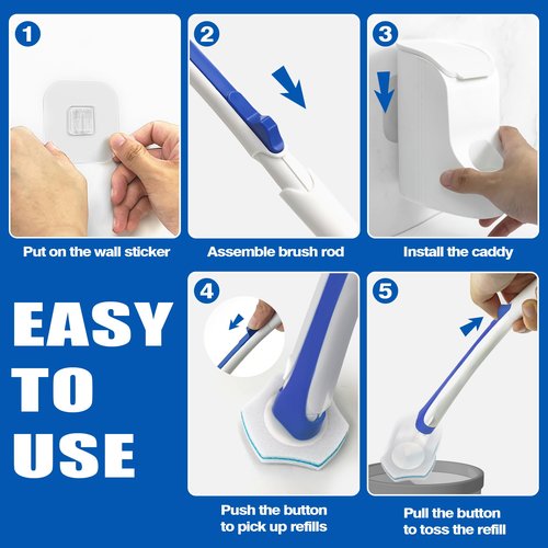 JEHONN Disposable Toilet Brush with 48 Wand Cleaner Refills, Wall Mounted Toilet Bowl Brush Holder Set, Bathroom Cleaning System for Sink Bathtub Wash Basin (Blue)