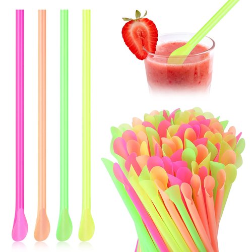 Eaasty 5000 Pcs Snow Cone Spoon Straws, Flexible Plastic Flexible Disposable Drinking Straws, Disposable Plastic Sip Stir Sticks (Yellow,Green,Orange,Rose Red)