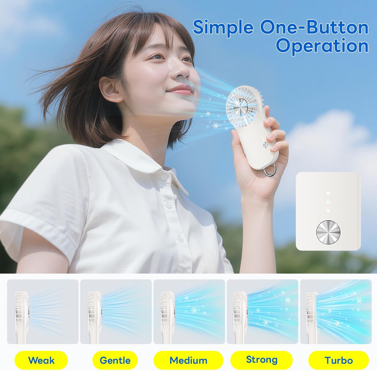 Skiennix Handheld Mini Fan - Portable USB Rechargeable Cooling Fan with 5 Speeds | Cute Design for Travel & Makeup - White