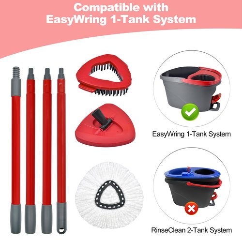Mop Handle Mop Replace Heads and Mop Base Brush Replacement for O Cedar EasyWring 1-Tank System Include 3 Spin Mop Replacement Head, 4-Section Mop Handles, 1 Base and 1 Scrub Brush Combo