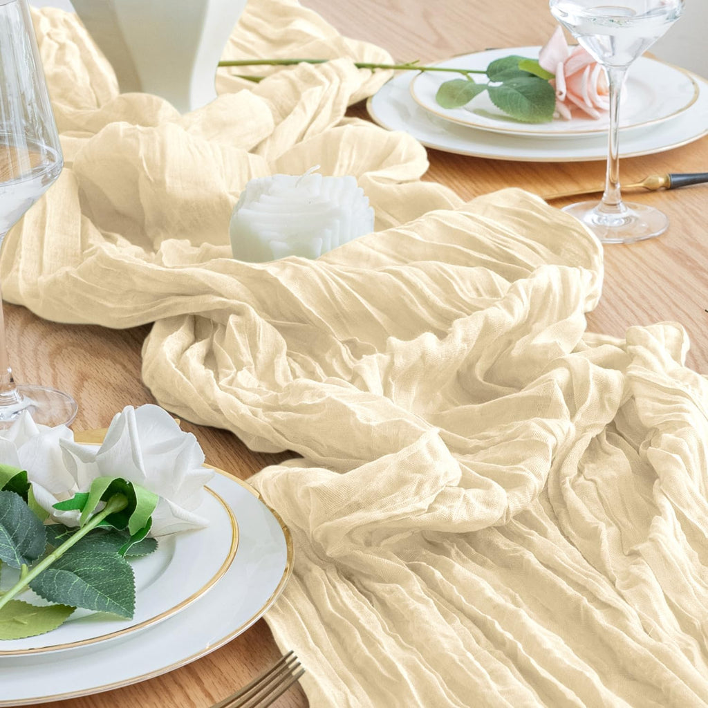 Skiennix Table Runner - 10FT Beige Boho Gauze Cheesecloth for Rustic Wedding & Party Decor