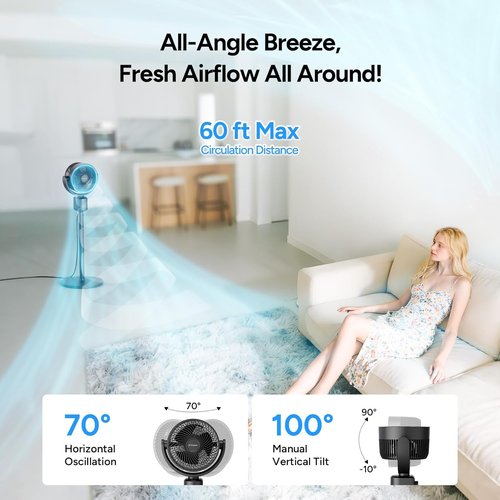 DR.PREPARE Pedestal Fan - Adjustable Height 16-34" Air Circulator with 70° Oscillation & 3 Speeds for Home & Office