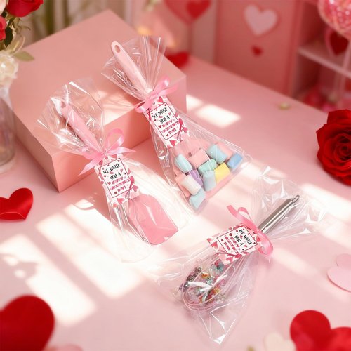 Jingmore 10 Pcs 3 Set Valentine Day Whisk Baking Gifts Pink Kitchen Utensil Gifts Set Silicone Spatula Slotted Spatula Stainless Steel Whisk with Tag Clear Bag for Cook(Pink,Valentine's Day)