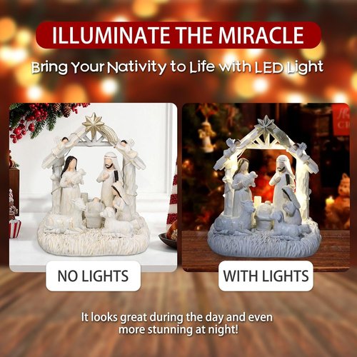 Nativity Set with LED Lights - Christmas Nativity Scene & Manger for Festive Table Decoration