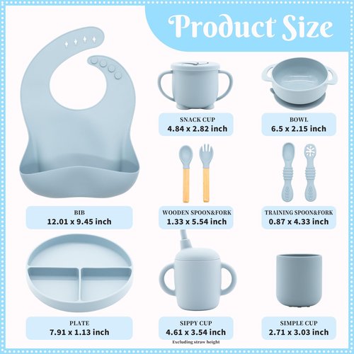 CHCC Silicone Baby Feeding Set 10 Pcs, Baby Led Weaning Supplies, Baby Feeding Supplies Set BPA Free, Baby Essentials for Newborn Gift Blue