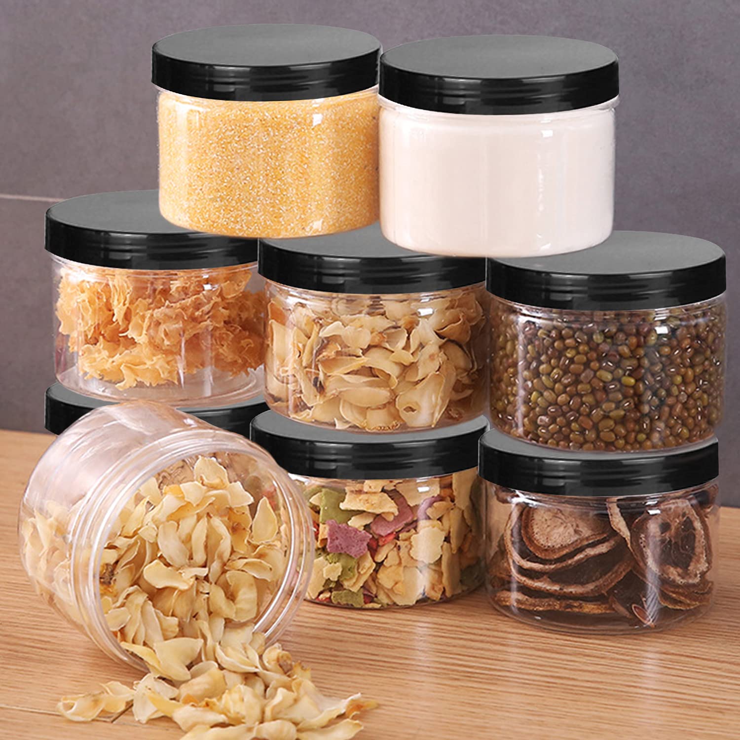 Lainrrew 12 Pcs 8oz Plastic Jars with Lids, Clear Plastic Slime Containers Round Storage mason Jars Container Wide Mouth Storage Jars for Spice, Cookie, Candy