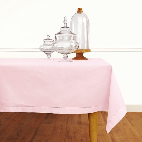 Solino Home Pink Tablecloth 58 x 84 Inch - Cotton Linen Hemstitch Rectangular Tablecloth - Machine Washable Table Cloth for Mothers Day, Spring, Summer