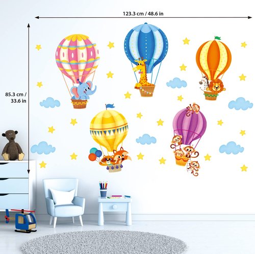 DECOWALL SG-2214 Animals in Hot Air Balloons Kids Wall Stickers Decals Kids Baby Nursery Decorations Cloud Elephant Wallpaper Art Playroom Bedroom décor Home boy Peel and Stick