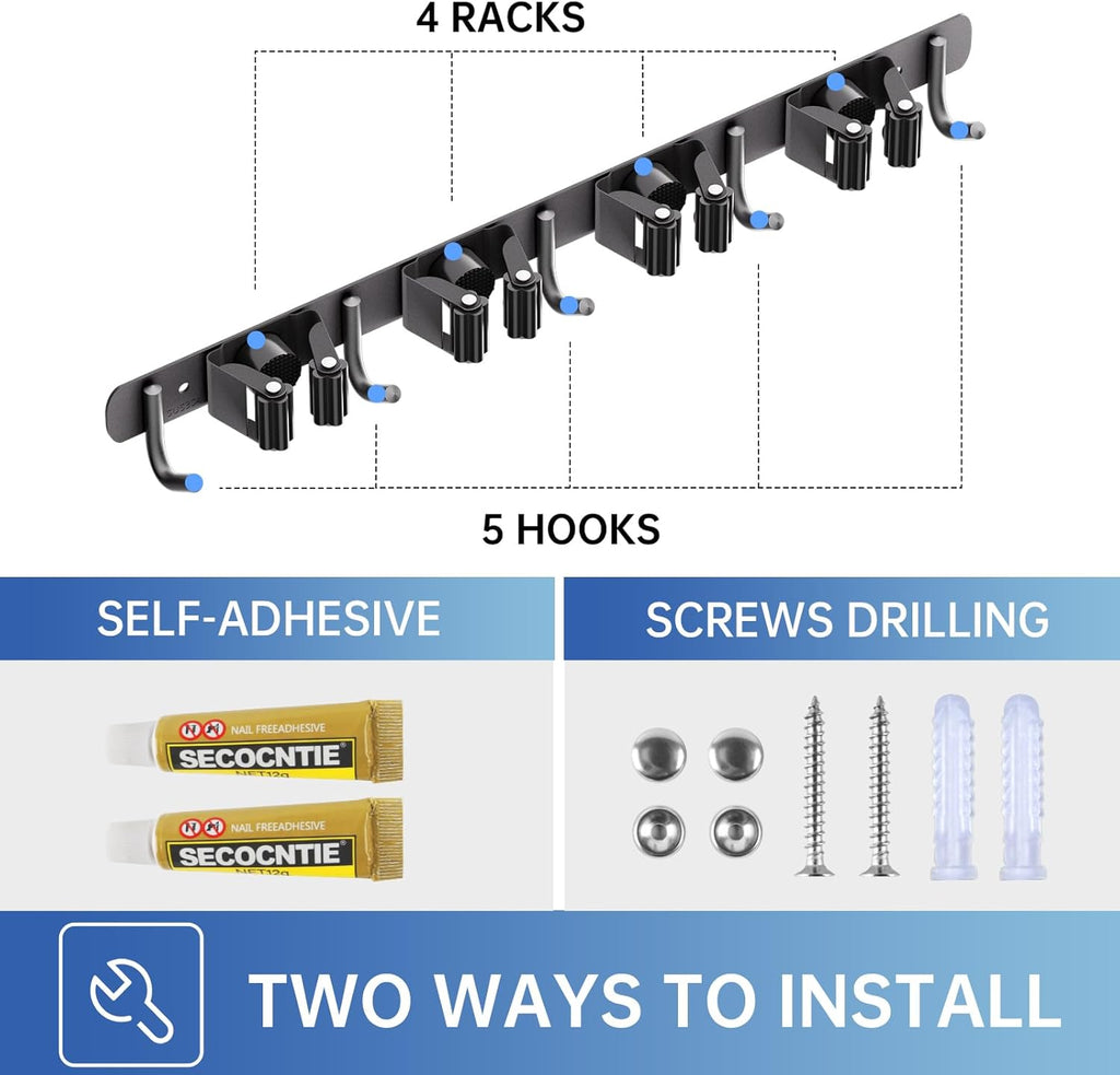 ZONGOOL Wall Mount Broom Holder - 4 Racks & 5 Hooks for Efficient Home Organization | Black